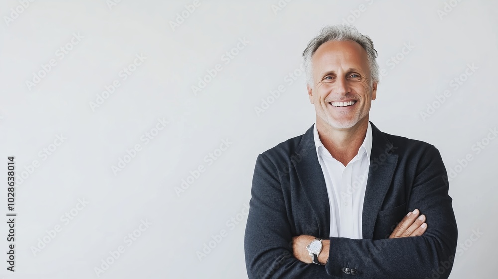 Smiling professional man in casual attire poses confidently against a plain background, radiating positivity and approachability Smiling professional man in casual attire poses confidently against a plain background, radiating positivity and approachability