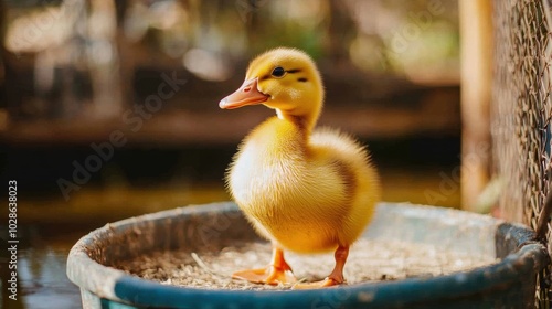 Cute duck near feeder in farm pen natural daylight