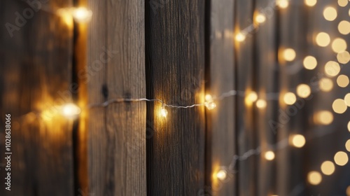 Close-up of rustic wooden planks adorned with warm white bokeh string lights, creating a cozy and festive atmosphere