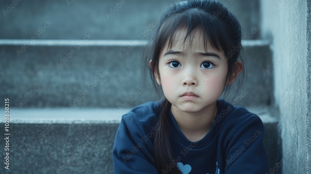Stock minimalist photograph of a sad Asian girl with a tearful expression, sitting by herself on a concrete step, with empty space on her right and muted natural lighting Stock minimalist photograph of a sad Asian girl with a tearful expression, sitting by herself on a concrete step, with empty space on her right and muted natural lighting
