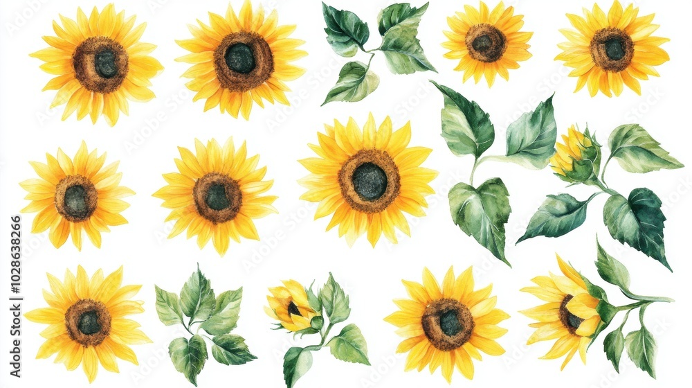 A delightful watercolor collection of yellow sunflowers with green leaves, hand-drawn and isolated for easy use. Perfect for summer-themed artwork and decorative projects. A delightful watercolor collection of yellow sunflowers with green leaves, hand-drawn and isolated for easy use. Perfect for summer-themed artwork and decorative projects.