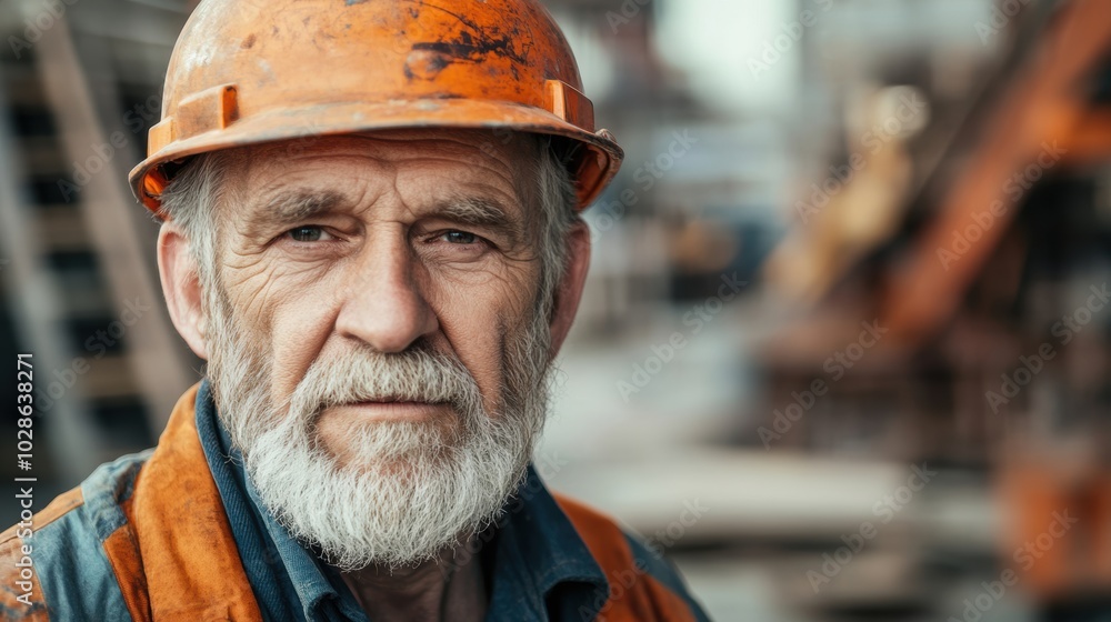 old man with beard working with tools on an industrial site, safety helmet on, surrounded by equipment and blurred machinery in the background old man with beard working with tools on an industrial site, safety helmet on, surrounded by equipment and blurred machinery in the background