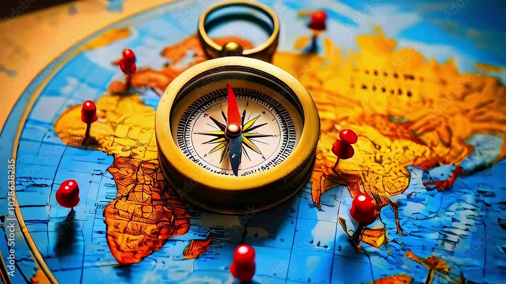 Exploring the World: A Classic Compass Overlaid on a Detailed Ocean and Landmass Map with Travel Pushpins