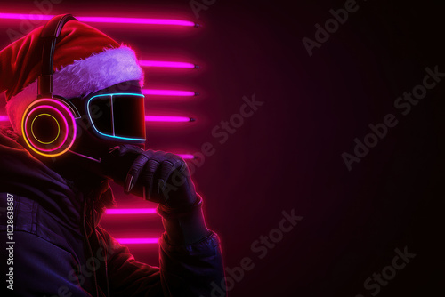 Cyberpunk-themed Christmas celebrations in a neon-lit city with virtual Santa delivering gifts, A futuristic individual in a Santa hat, wearing vibrant headphones against a neon-lit backdrop