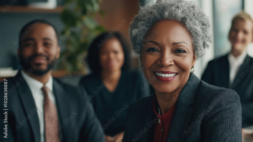 Fototapeta premium Group of successful business people, including a smiling senior Black woman, gathered in an office. Professional background with minimal details.