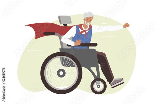 Elderly man in wheelchair feels surge of strength thanks to superhero cape and medicine. Grandfather in wheelchair does not want to give up, demonstrating love for life after going out on pension