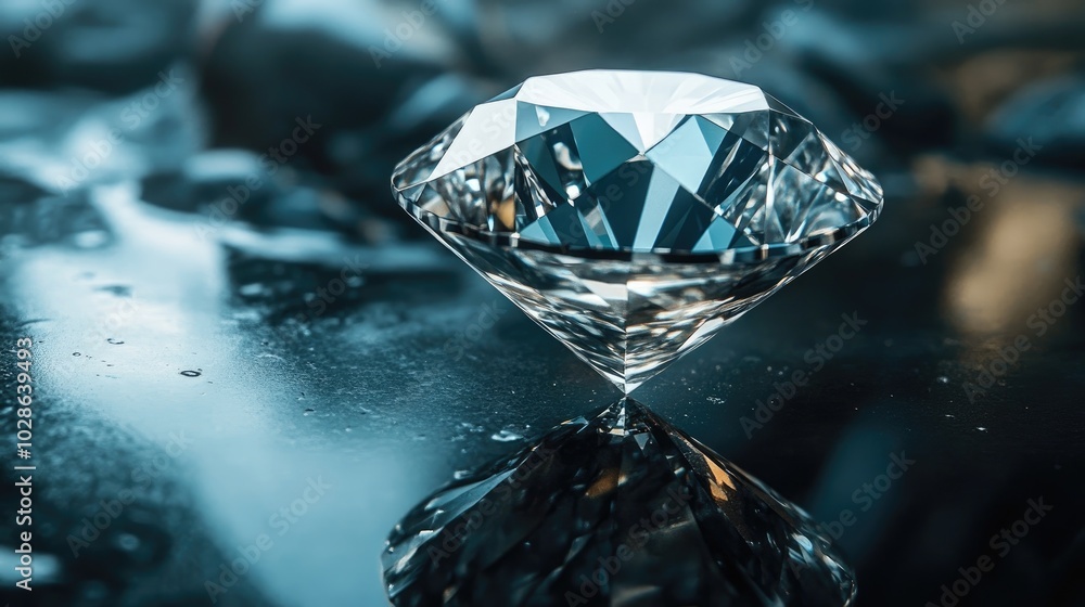 Stunning Diamond on Reflective Surface in Soft Lighting Stunning Diamond on Reflective Surface in Soft Lighting