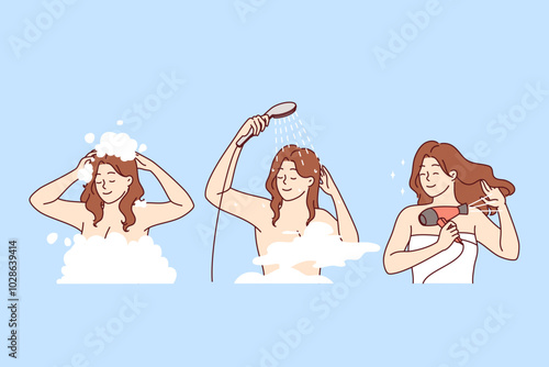 Woman washes head and takes care of hair using high-quality shampoo in shower and electric hairdryer. Hair care to avoid dandruff and alopecia, which negatively affect your appearance or well-being