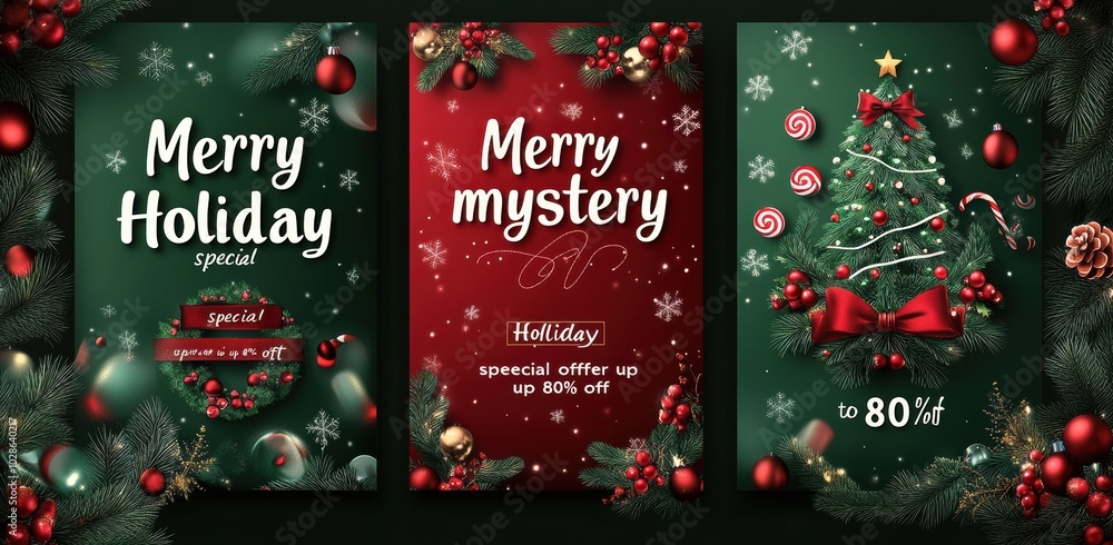 Naklejka premium Festive holiday banners with Christmas tree designs for seasonal advertising promotions and specials