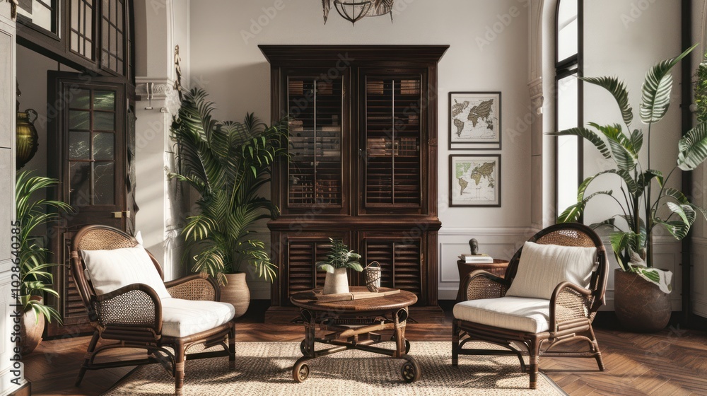 Fototapeta premium Two wicker armchairs with white cushions in a sunlit living room with tropical plants and a wooden cabinet