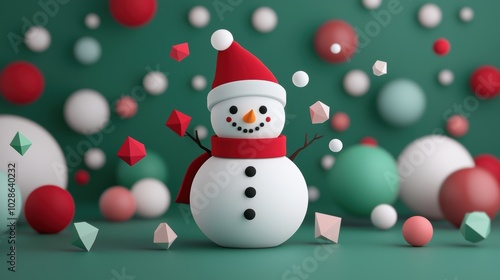 A cheerful snowman in a festive setting with colorful spheres on a green background, perfect for winter themes.