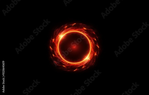 A glowing red ring with a black center surrounded by fiery sparks on a black background.