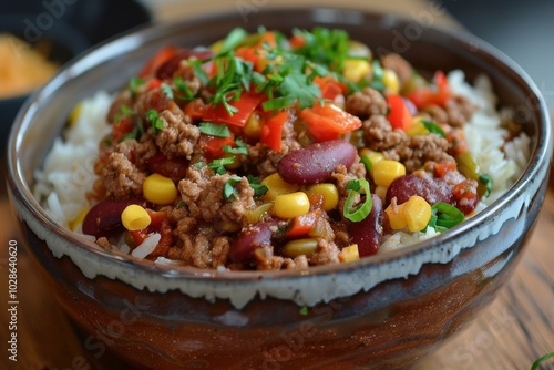 Chilli Con Carne Served with Rice and Colorful Vegetables