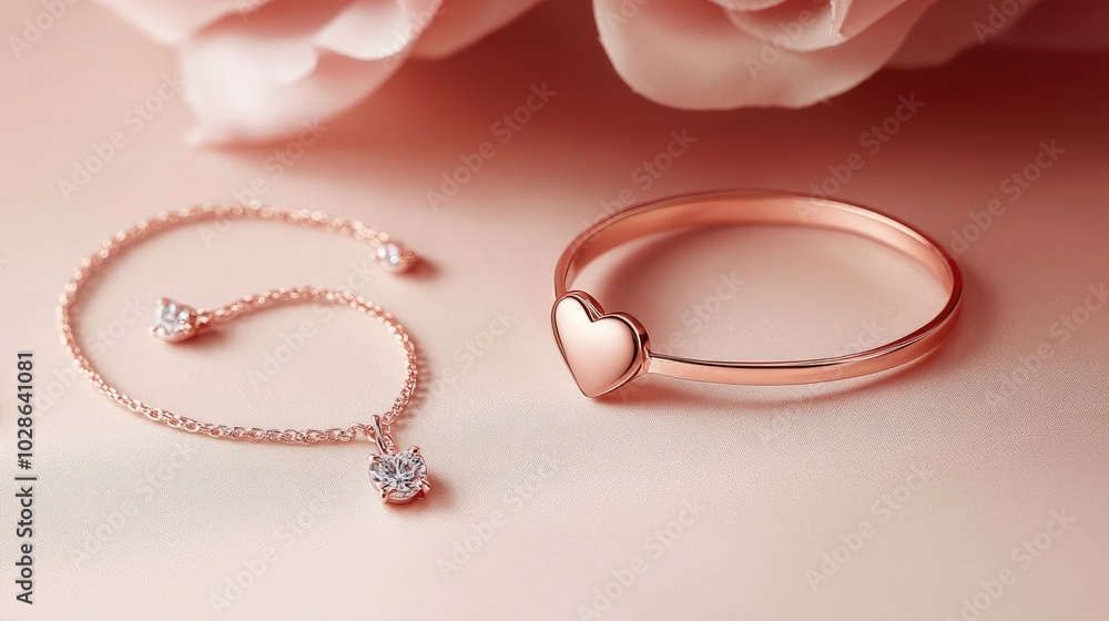 A rose gold cuff bracelet with a minimalist heart-shaped design, placed next to matching jewelry on a soft, blush-toned background A rose gold cuff bracelet with a minimalist heart-shaped design, placed next to matching jewelry on a soft, blush-toned background
