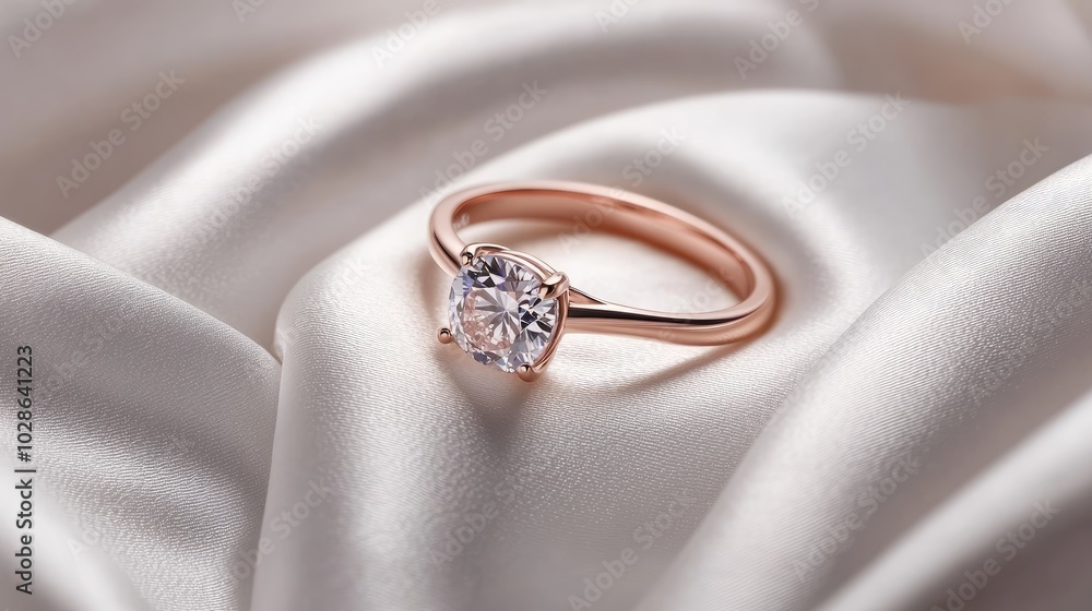 A rose gold engagement ring with a cushion-cut diamond, elegantly displayed on a white silk cushion A rose gold engagement ring with a cushion-cut diamond, elegantly displayed on a white silk cushion