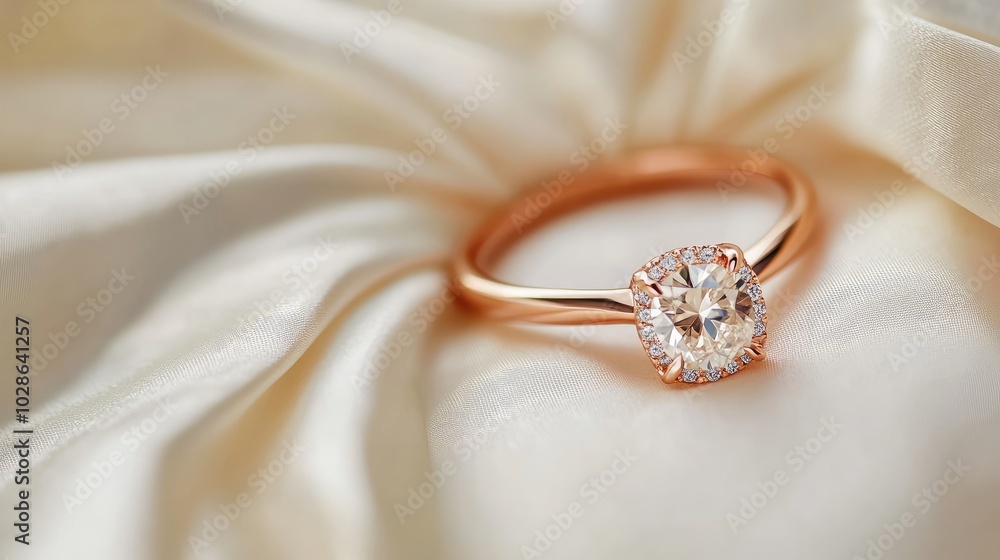 A rose gold engagement ring with a cushion-cut diamond, elegantly displayed on a white silk cushion A rose gold engagement ring with a cushion-cut diamond, elegantly displayed on a white silk cushion