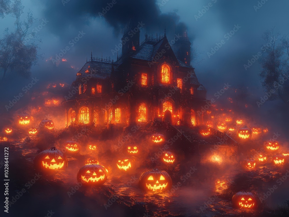 a spooky halloween house is illuminated by the glow of jack-o'-lanterns, surrounded by dark trees and mist, creating an eerie, atmospheric scene of seasonal festivities a spooky halloween house is illuminated by the glow of jack-o'-lanterns, surrounded by dark trees and mist, creating an eerie, atmospheric scene of seasonal festivities
