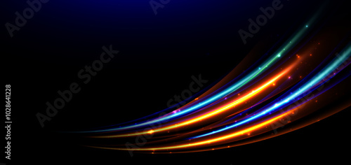 Abstract blue and orange neon diagonal glowing on black background with lighting effect sparkle.