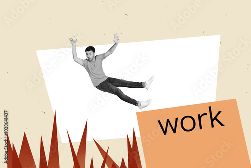 Composite photo collage of scared man fall unemployment concept sharp needle fire imitation jobless isolated on painted background