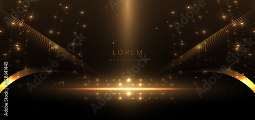 Abstract elegant gold glowing line with lighting effect sparkle on black background.