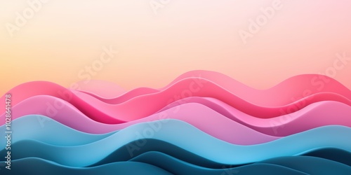 A vibrant, abstract wave pattern in pink and blue tones against a soft gradient background.