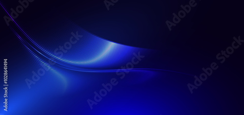 Abstract technology futuristic glowing neon blue wave light lines on dark blue background.