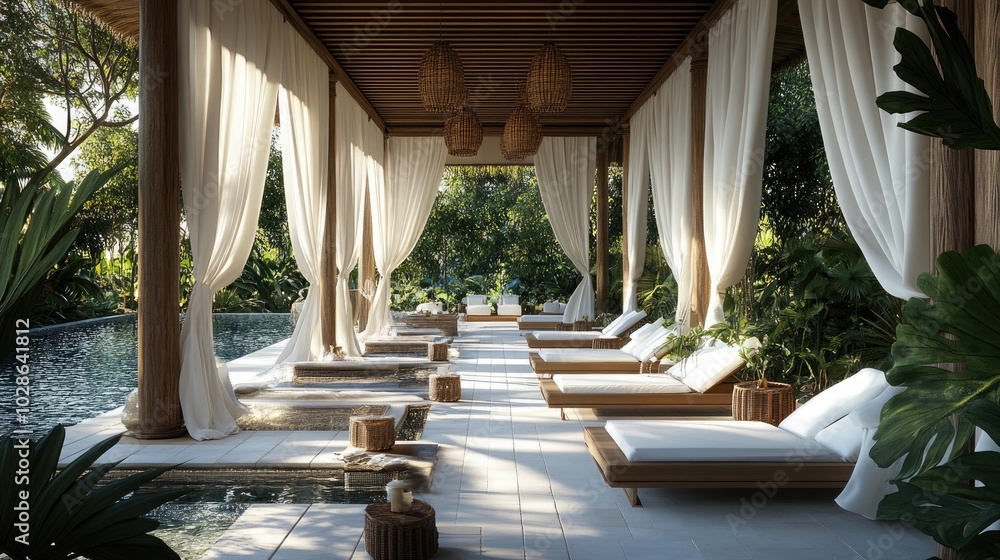 Obraz premium A luxurious open-air pavilion by the poolside