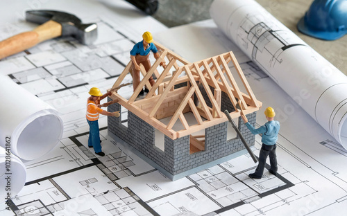 Miniature Construction Workers Building a Model House on Blueprints