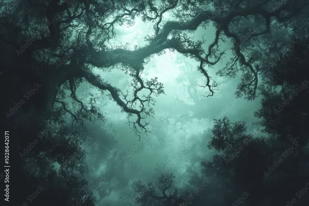A Mystical View Looking Up Through the Canopy of a Foggy Forest A Mystical View Looking Up Through the Canopy of a Foggy Forest