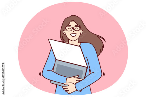 Geek woman with laptop hugs favorite gadget with blank screen rejoicing at opportunity to learn via internet. Young geek girl loves computers and is well versed in modern technologies.