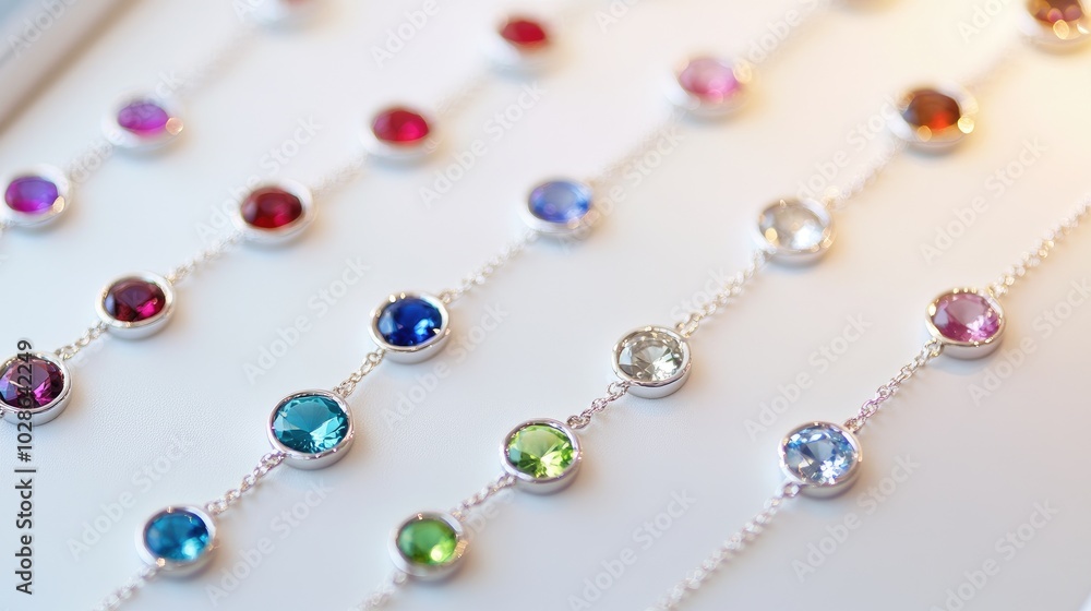 A set of gemstone necklaces arranged neatly on a white display, with each gem gleaming in the ambient light of the jewelry store A set of gemstone necklaces arranged neatly on a white display, with each gem gleaming in the ambient light of the jewelry store
