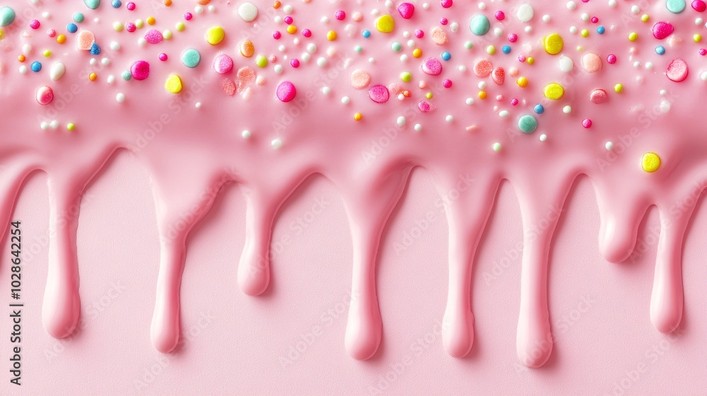 Naklejka premium A vibrant close-up of pink icing drizzling down, adorned with colorful sprinkles, creating a deliciously enticing dessert backdrop.