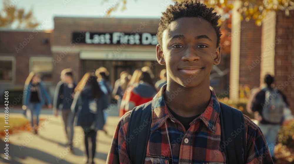 Fototapeta premium Teen student smiling outdoors on school campus during fall day with a blurry