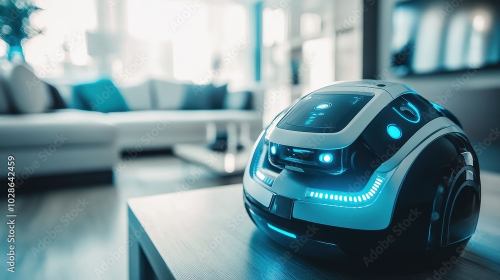 A futuristic autonomous service robot navigating through a bright, modern living room A futuristic autonomous service robot navigating through a bright, modern living room