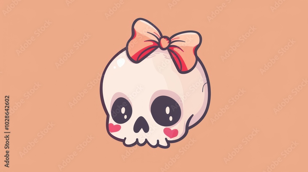 Fototapeta premium A Cartoon Skull with a Pink Bow and Red Hearts