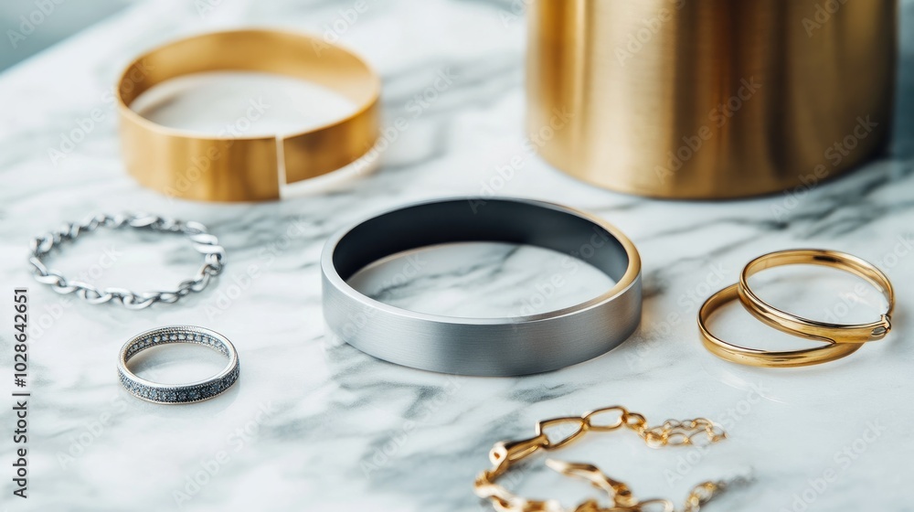 A sleek, minimalist cuff bracelet with a matte finish, styled alongside other modern jewelry pieces on a marble surface. A sleek, minimalist cuff bracelet with a matte finish, styled alongside other modern jewelry pieces on a marble surface.