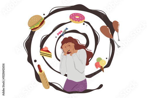 Thoughts about food cause fear and panic in woman with psychological disorder and fear of becoming fat. Addiction to fast food and unhealthy desserts or high-calorie sandwiches in girl in need of diet