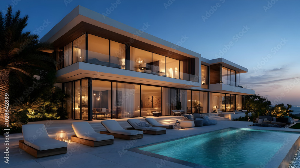 Obraz premium Modern luxury villa with pool and sunset ambiance.