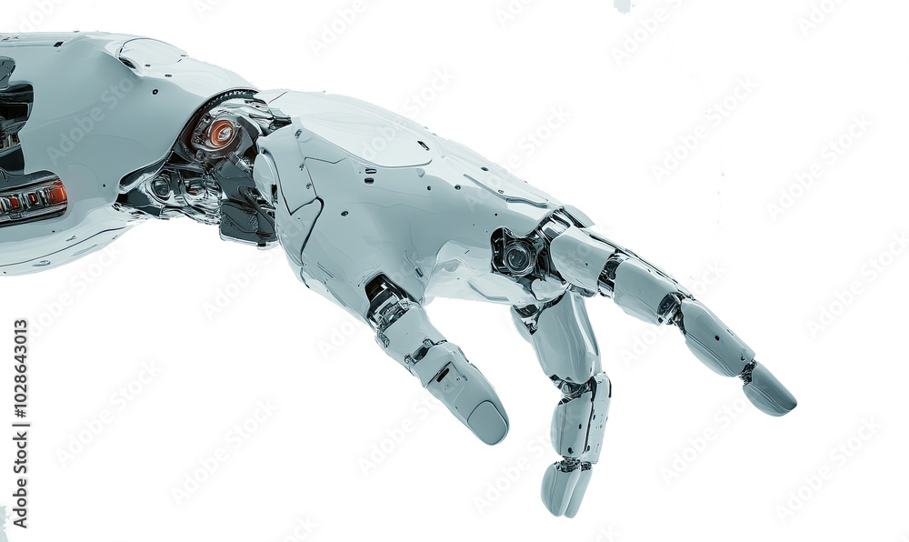 White cyborg robotic hand pointing his finger on white background White cyborg robotic hand pointing his finger on white background