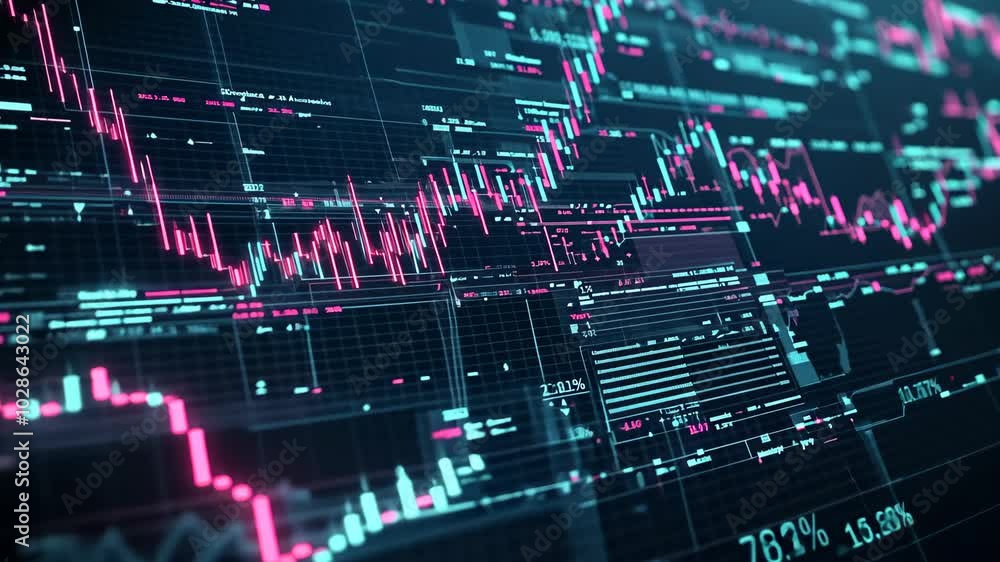 A close-up view of a digital display showing a stock market chart with pink and blue lines A close-up view of a digital display showing a stock market chart with pink and blue lines