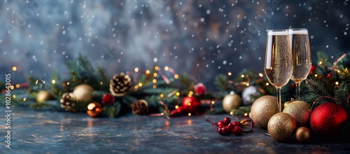 Two champagne flutes are filled with bubbly and stand amongst christmas decorations. Golden and red ornaments, evergreen branches, and glowing lights create a festive atmosphere