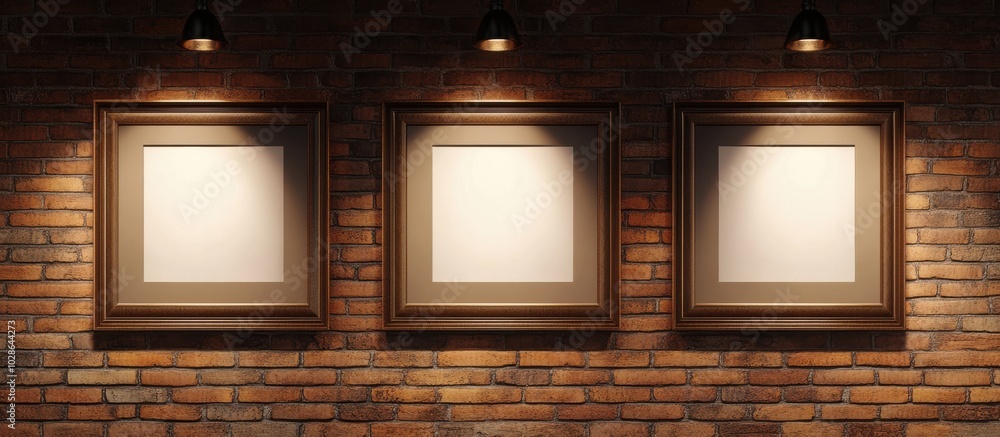 Three empty picture frames hang on a warmly lit brick wall. Three empty picture frames hang on a warmly lit brick wall.