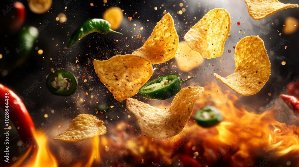 Tortilla chips and jalapeno peppers flying in front of flames and spices.