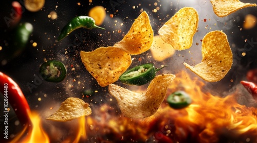 Obraz na płótnie Tortilla chips and jalapeno peppers flying in front of flames and spices. w salonie