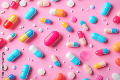 A vibrant collection of capsules and tablets in various colors and shapes is laid out on a pink surface, showcasing the diversity of modern medications and supplements