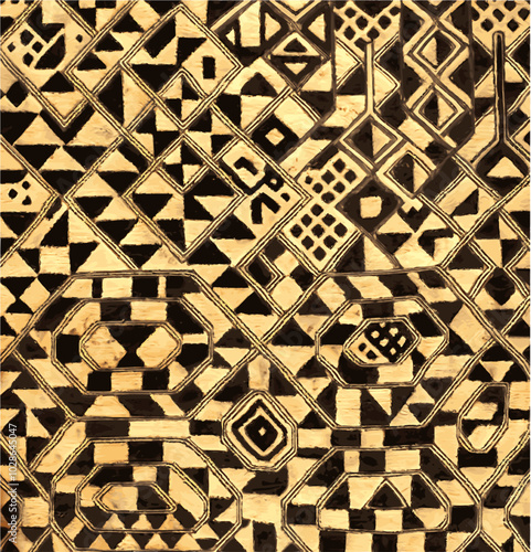  close-up of african fabric with intricate geometric pattern in black and white.