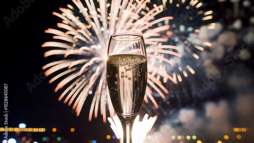 Champagne Flute Against New Year's Eve Fireworks Display photo