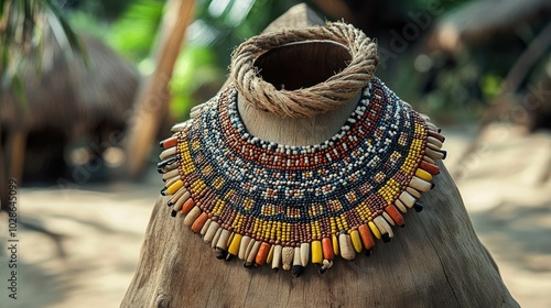 A tribal necklace with intricate beadwork and natural materials, displayed in an outdoor setting with natural light