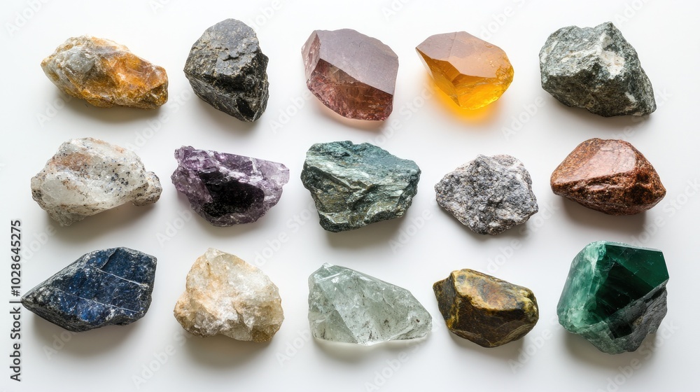 A variety of raw, uncut gemstones displayed on a white background, showcasing their natural shapes and colors A variety of raw, uncut gemstones displayed on a white background, showcasing their natural shapes and colors