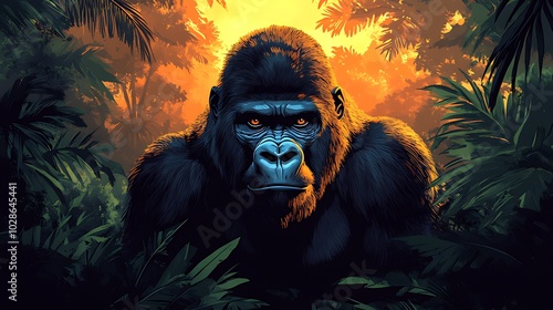 A powerful gorilla stares intensely at the camera from a jungle background, with the setting sun shining in the background. photo